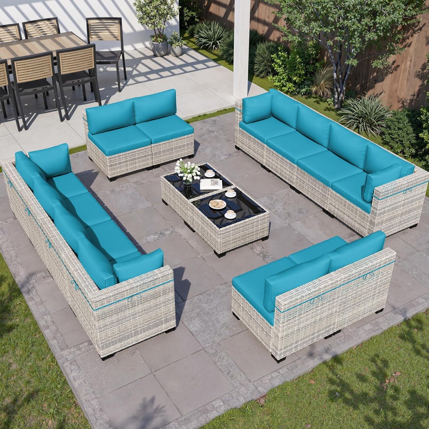 Muphyers 14-Piece Outdoor Patio Furniture Set, PE Wicker Rattan Sectional Sofa Conversation Set with Tempered Glass Table & Thick Cushions - All-Weather Garden, Backyard Furniture,Turquoise