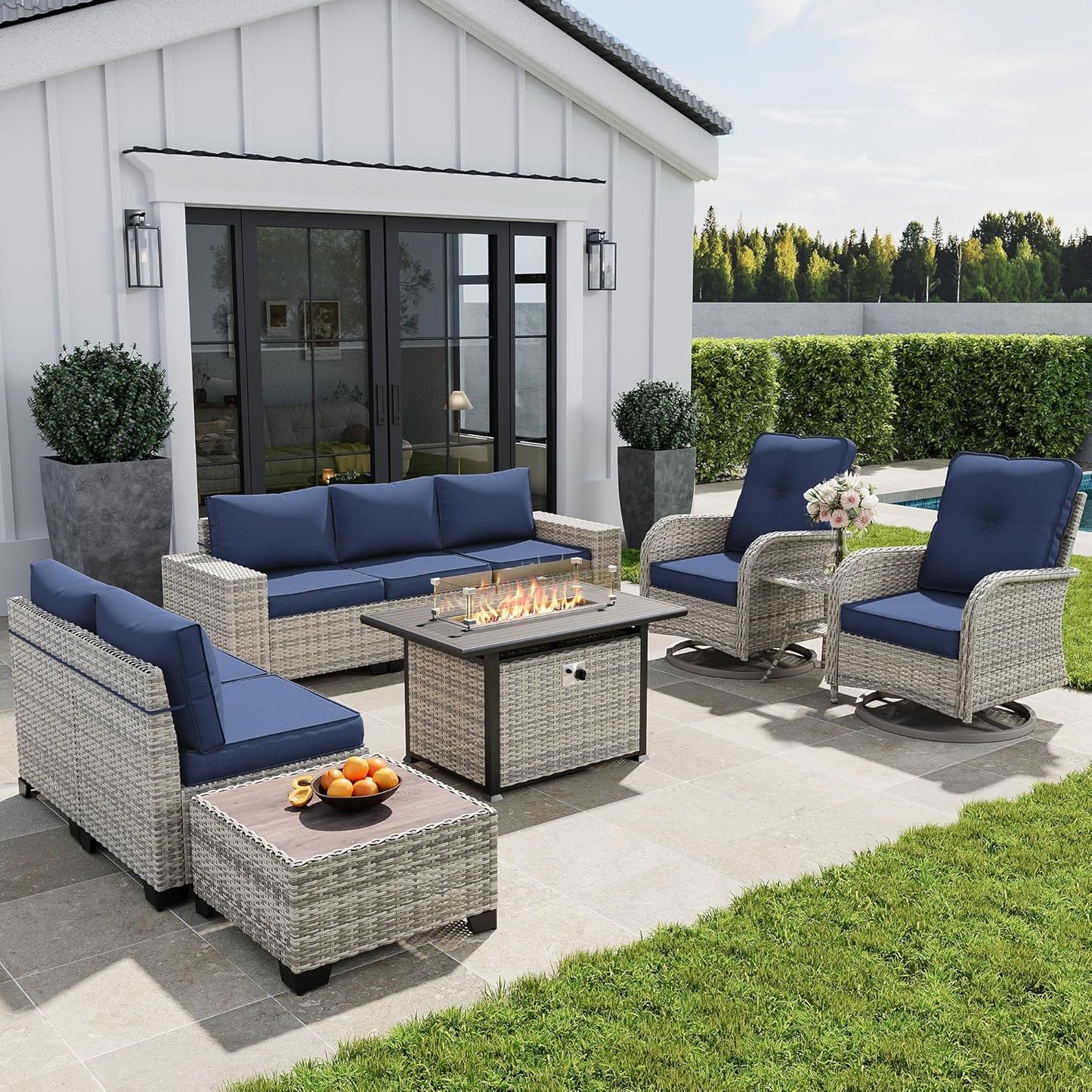 Muphyers 10-Piece Outdoor Patio Furniture Set with Rocking Swivel Chair, PE Wicker Rattan Sectional Sofa Patio Conversation Set with 55,000 BTU Fire Pit Table & Coffee Table, Navy Blue