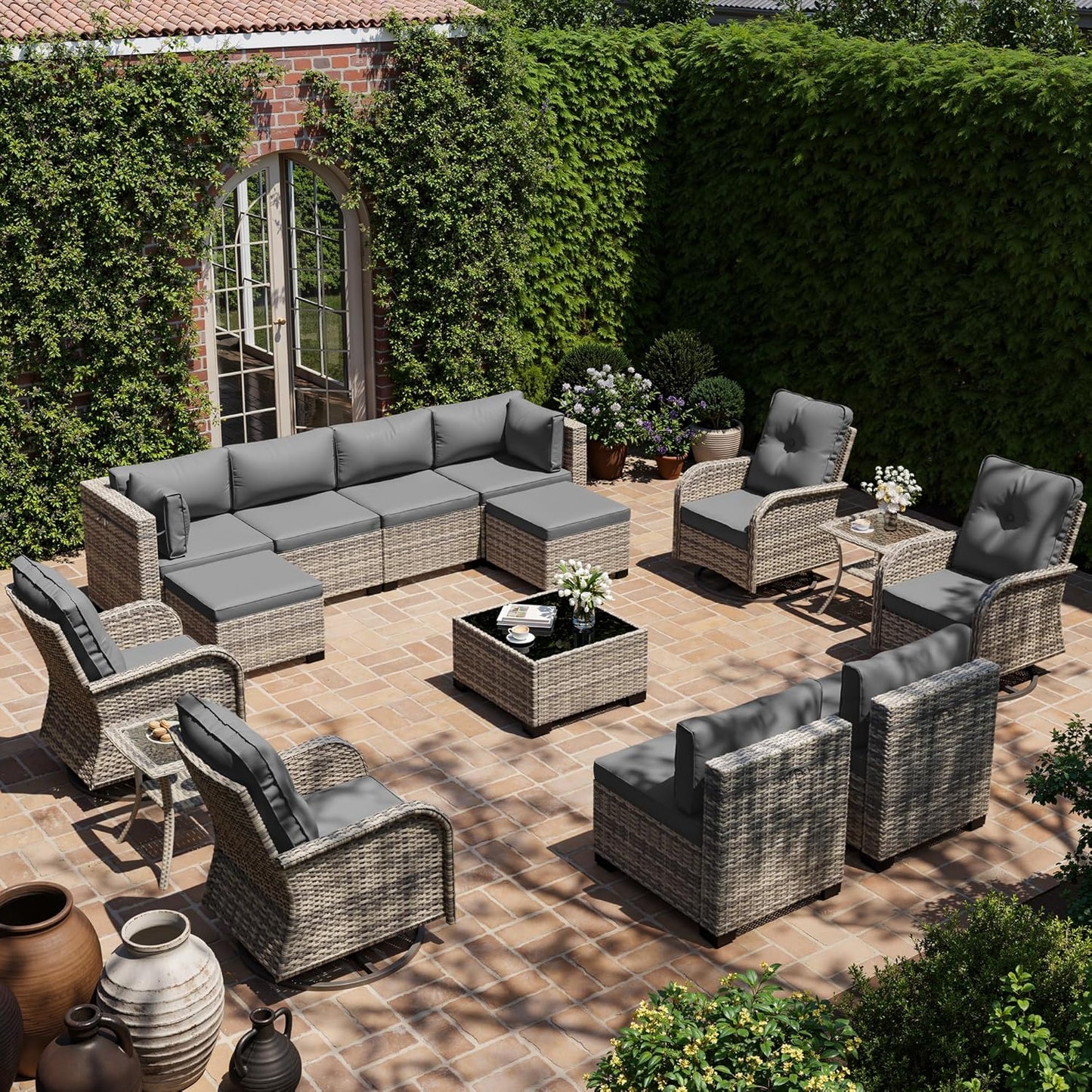 Muphyers 15-Piece Outdoor Patio Furniture Set with Rocking Swivel Chair, Wicker Rattan Sectional Sofa Conversation Set with Tempered Glass Table with Ottomans, Backyard Furniture,Grey