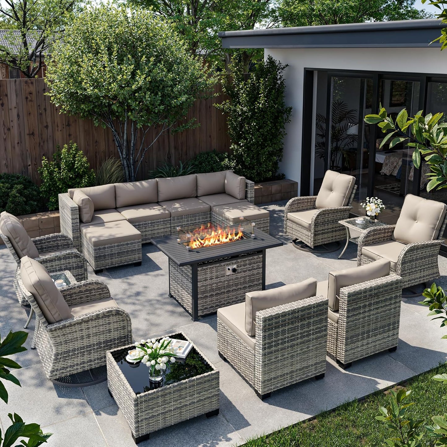 Muphyers 16-Piece Outdoor Patio Furniture Set with Rocking Swivel Chair, Wicker Rattan Sectional Sofa Conversation Set with 55,000 BTU Fire Pit Table with Ottomans, Backyard Furniture,Beige