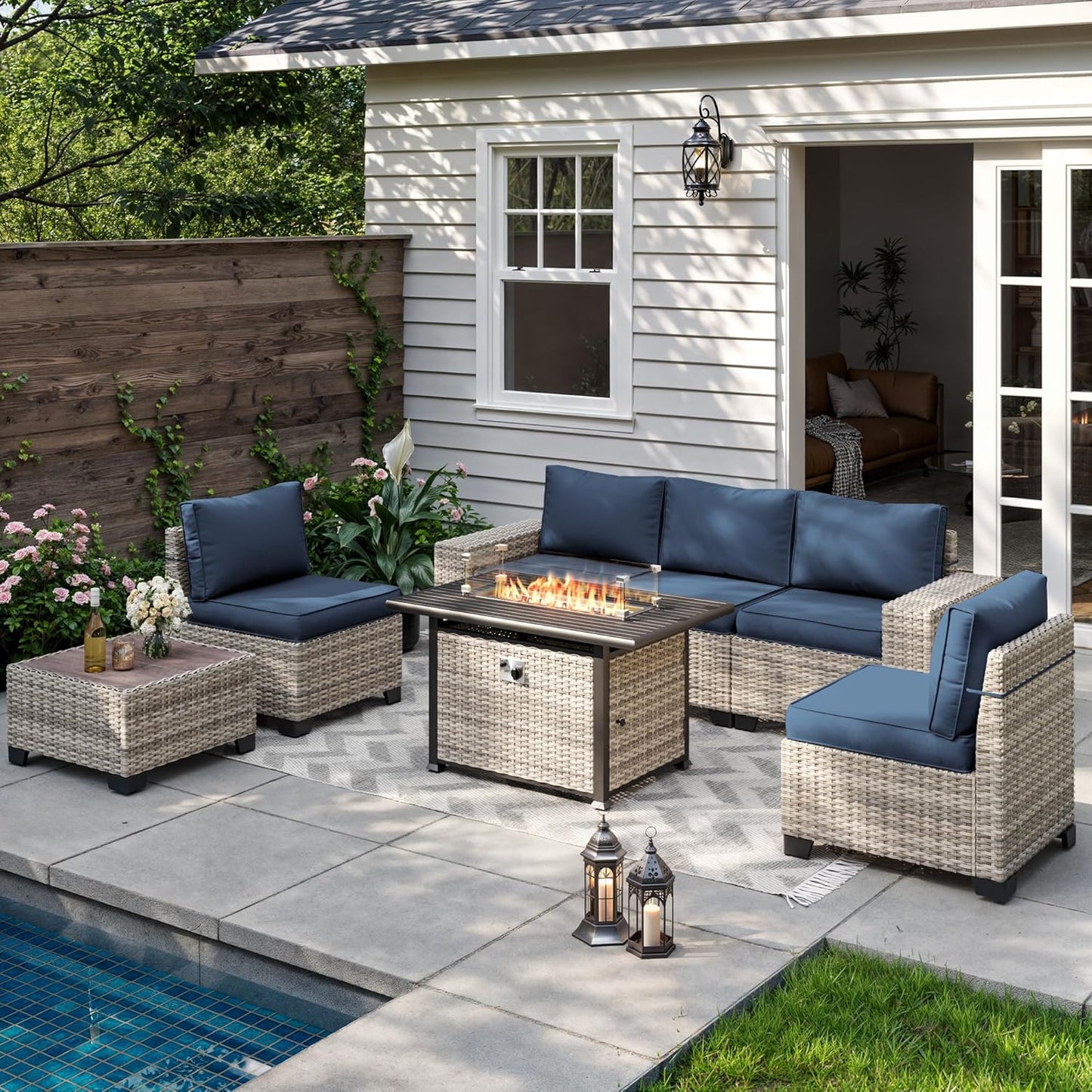 Muphyers 7-Piece Outdoor Patio Furniture Set with 55,000 BTU Fire Pit Table, PE Wicker Rattan Sectional Sofa Patio Conversation Set with Thickened Cushions & Coffee Table