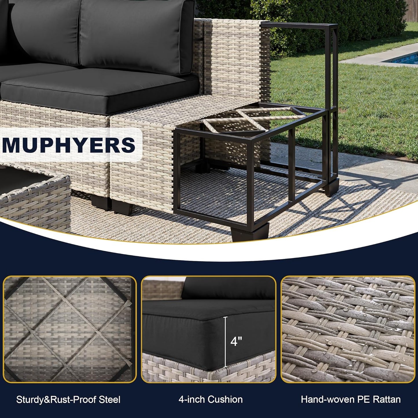 Muphyers 13-Piece Outdoor Patio Furniture Set with Rocking Swivel Chair, Wicker Rattan Sectional Sofa Conversation Set with 55,000 BTU Fire Pit Table with Ottomans, Backyard Furniture,Dark Grey