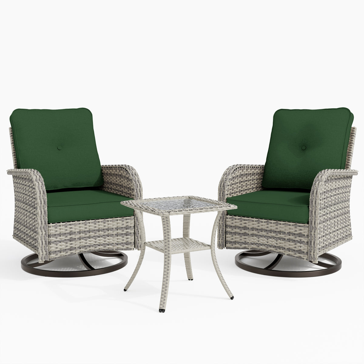 3 Piece Wicker Patio Furniture Set, Patio Swivel Rocker Chairs Set of 2, Outdoor Bistro Set, Patio Chairs Set of 2 with Rocking Chair, Thickened Cushions and Table for Porch, Balcony, Dark Green