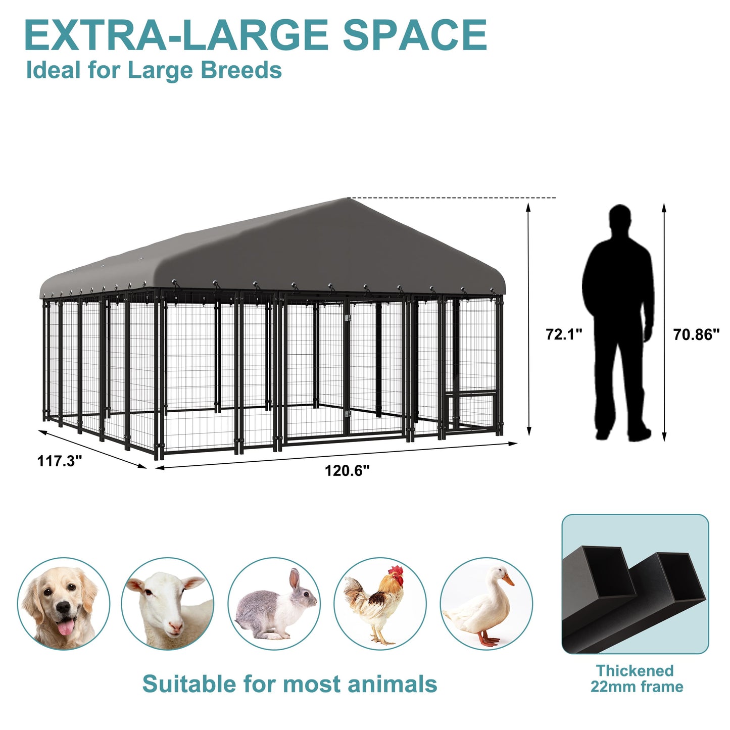 Sweecci 10x10FT Heavy Duty Outdoor Dog Kennel, Double Door Metal Dog Cage with 360° Feeding Door, Waterproof Roof, Secure Playpen for Large Dogs & Small Pets, Easy Assembly