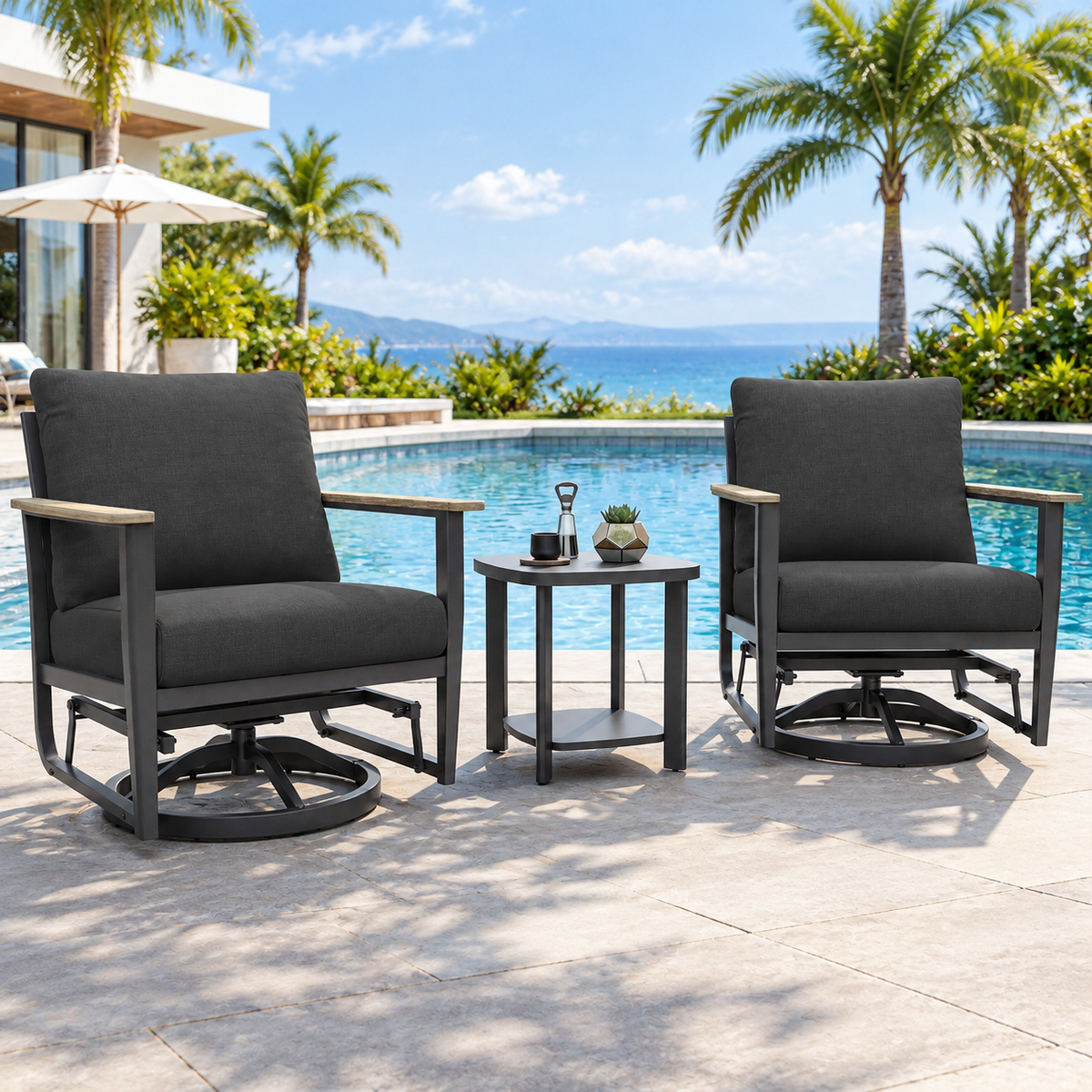3 Pcs Aluminum Patio Furniture Set, Patio Swivel Rocker Chairs Set of 2, Outdoor Bistro Set, Patio Chairs Set of 2 with Rocking Chair, Thickened Cushions and Table for Porch, Black