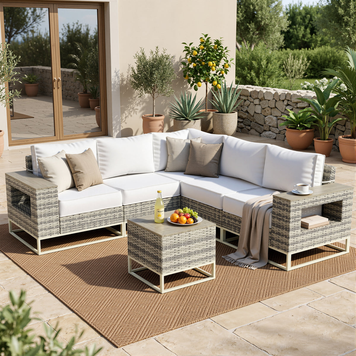 6 Set Wicker Patio Furniture Set Outdoor Sectional with 5.5" Thick Cushion, Patio Conversation Sets with 7.7" Widened Armrest, Modular Low Profile Deep Seating Rattan Sofa with Coffee Table for Yard