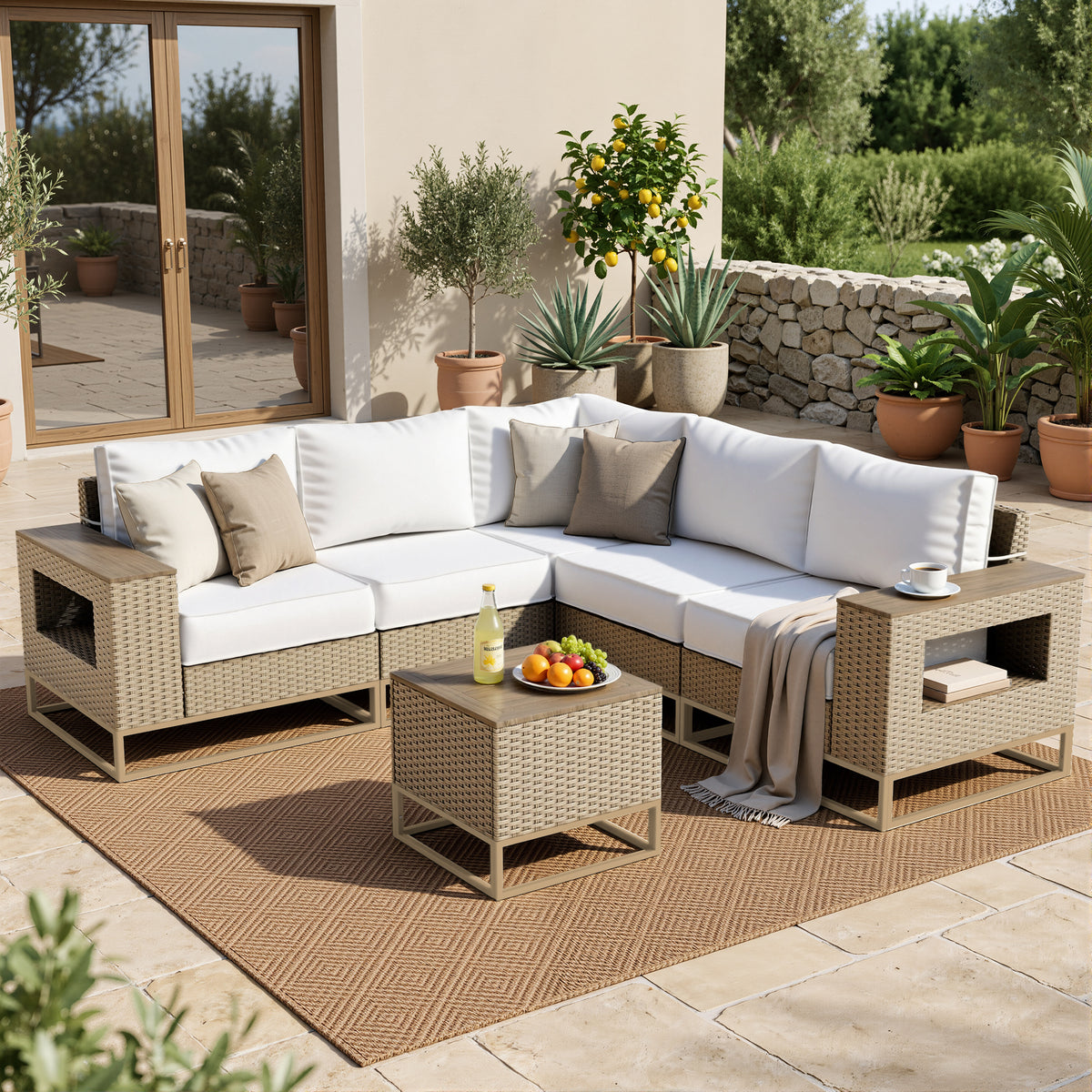 6 Set Wicker Patio Furniture Set Outdoor Sectional with 5.5" Thick Cushion, Patio Conversation Sets with 7.7" Widened Armrest, Modular Low Profile Deep Seating Rattan Sofa with Coffee Table for Yard
