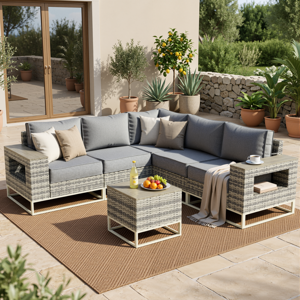 6 Set Wicker Patio Furniture Set Outdoor Sectional with 5.5" Thick Cushion, Patio Conversation Sets with 7.7" Widened Armrest, Modular Low Profile Deep Seating Rattan Sofa with Coffee Table for Yard