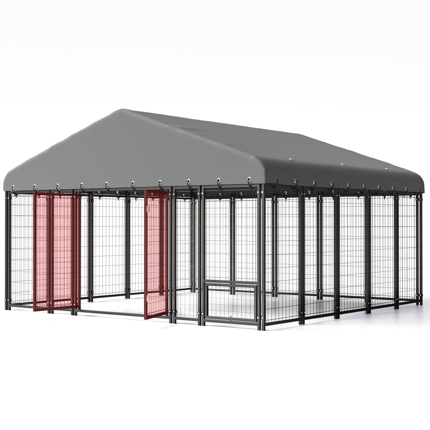 Sweecci 10x10FT Heavy Duty Outdoor Dog Kennel, Double Door Metal Dog Cage with 360° Feeding Door, Waterproof Roof, Secure Playpen for Large Dogs & Small Pets, Easy Assembly