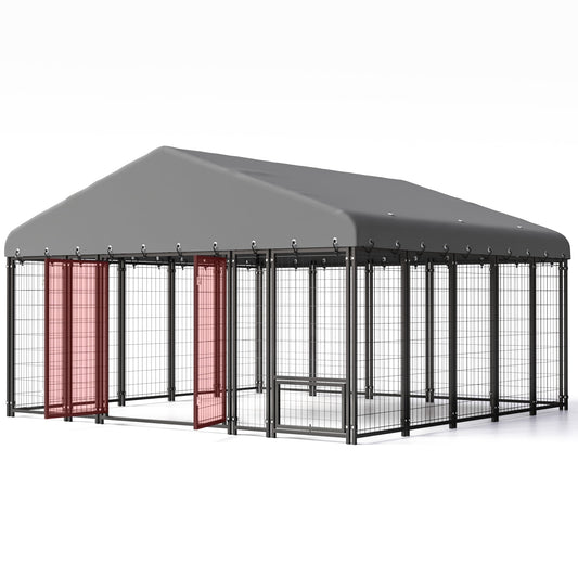 Sweecci 10x10FT Heavy Duty Outdoor Dog Kennel, Double Door Metal Dog Cage with 360° Feeding Door, Waterproof Roof, Secure Playpen for Large Dogs & Small Pets, Easy Assembly
