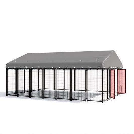 Sweecci 10x20FT Heavy Duty Outdoor Dog Kennel, Double Door Metal Dog Cage with 360° Feeding Door, Waterproof Roof, Secure Playpen for Large Dogs & Small Pets, Easy Assembly