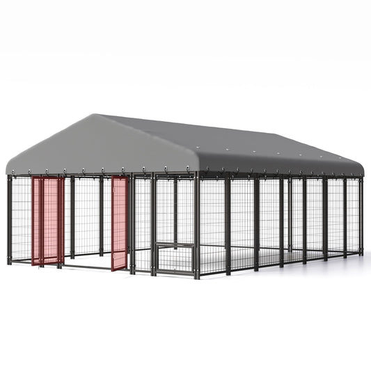 Sweecci 10x14FT Heavy Duty Outdoor Dog Kennel, Double Door Metal Dog Cage with 360° Feeding Door, Waterproof Roof, Secure Playpen for Large Dogs & Small Pets, Easy Assembly
