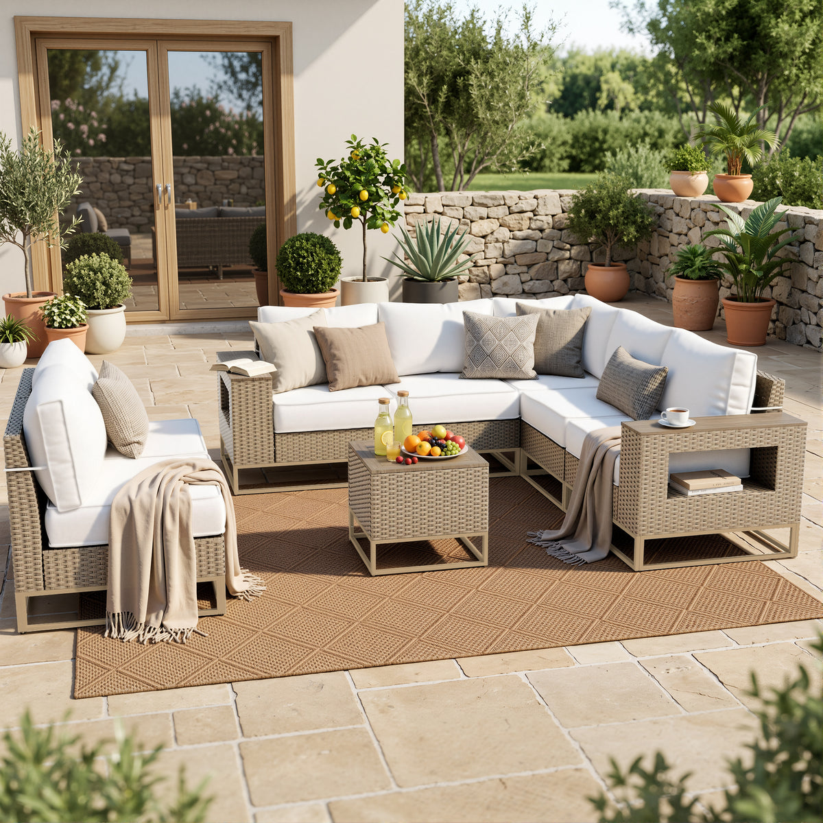 8 Set Wicker Patio Furniture Set Outdoor Sectional with 5.5" Thick Cushion, Patio Conversation Sets with 7.7" Widened Armrest, Modular Low Profile Deep Seating Rattan Sofa with Coffee Table for Yard