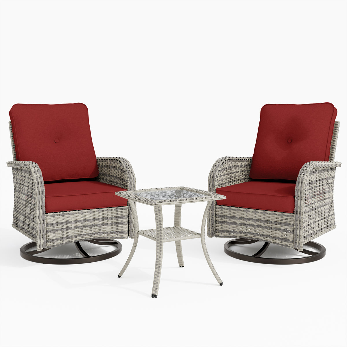 3 Piece Wicker Patio Furniture Set, Patio Swivel Rocker Chairs Set of 2, Outdoor Bistro Set, Patio Chairs Set of 2 with Rocking Chair, Thickened Cushions and Table for Porch, Balcony, Red