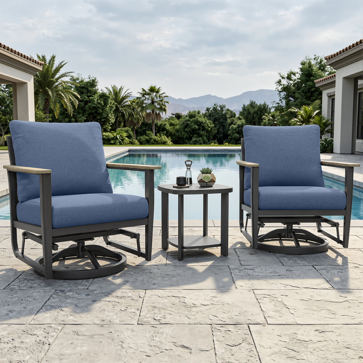 3 Piece Aluminum Patio Furniture Set, Patio Swivel Rocker Chairs Set of 2, Outdoor Bistro Set, Patio Chairs Set of 2 with Rocking Chair, Thickened Cushions and Table for Porch, Balcony, Navy
