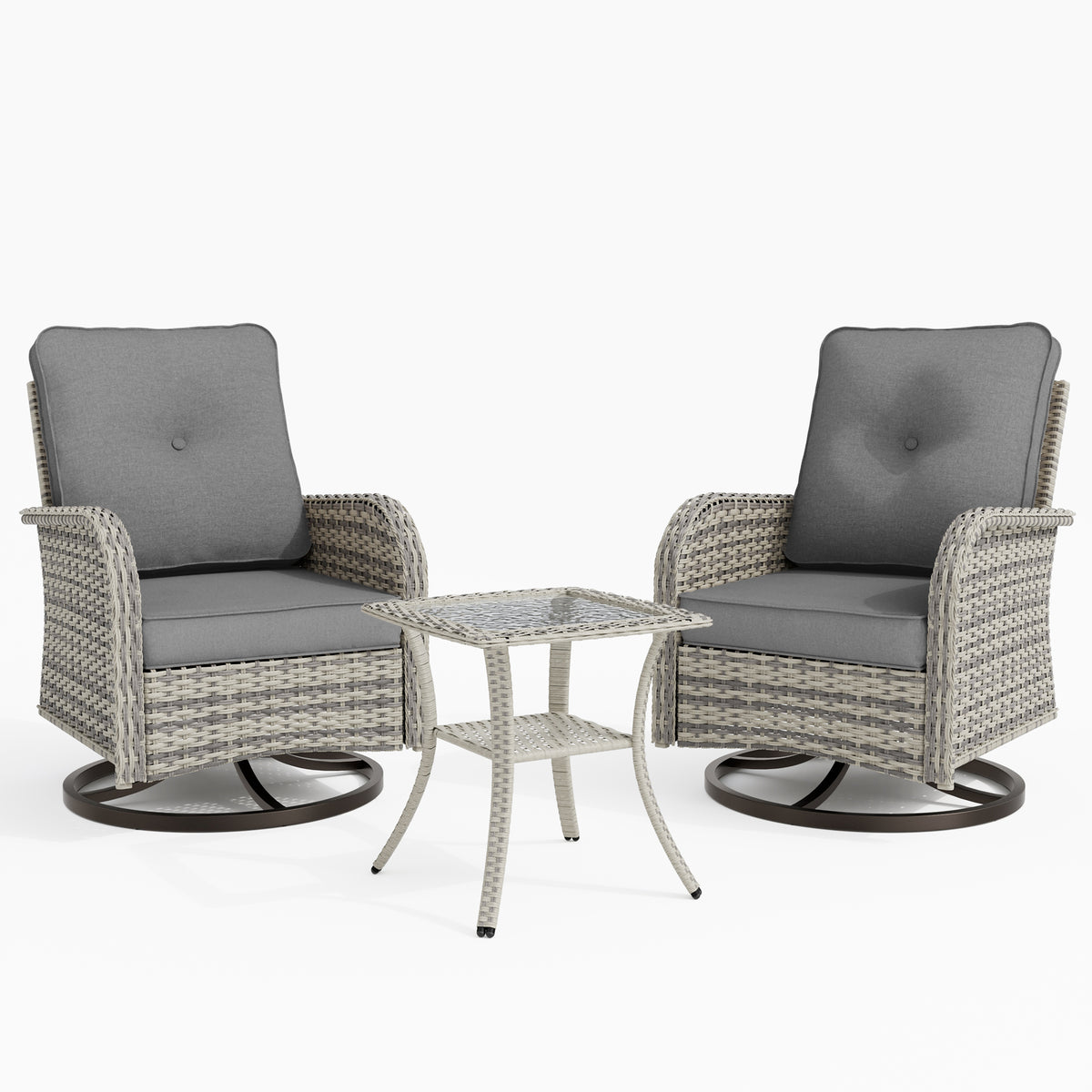 3 Piece Wicker Patio Furniture Set, Patio Swivel Rocker Chairs Set of 2, Outdoor Bistro Set, Patio Chairs Set of 2 with Rocking Chair, Thickened Cushions and Table for Porch, Balcony, Grey