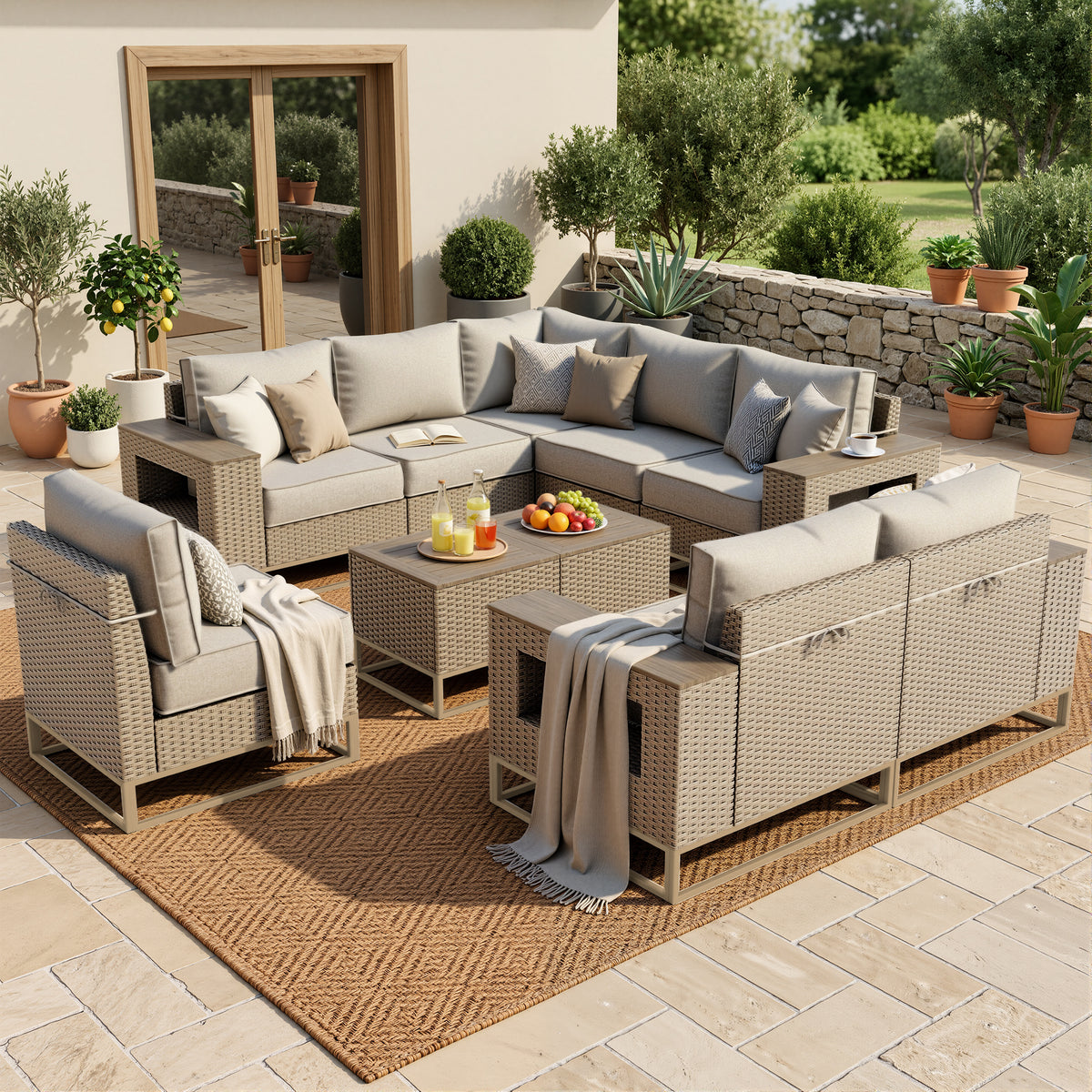 8 Set Wicker Patio Furniture Set Outdoor Sectional with 5.5" Thick Cushion, Patio Conversation Sets with 7.7" Widened Armrest, Modular Low Profile Deep Seating Rattan Sofa with Coffee Table for Yard