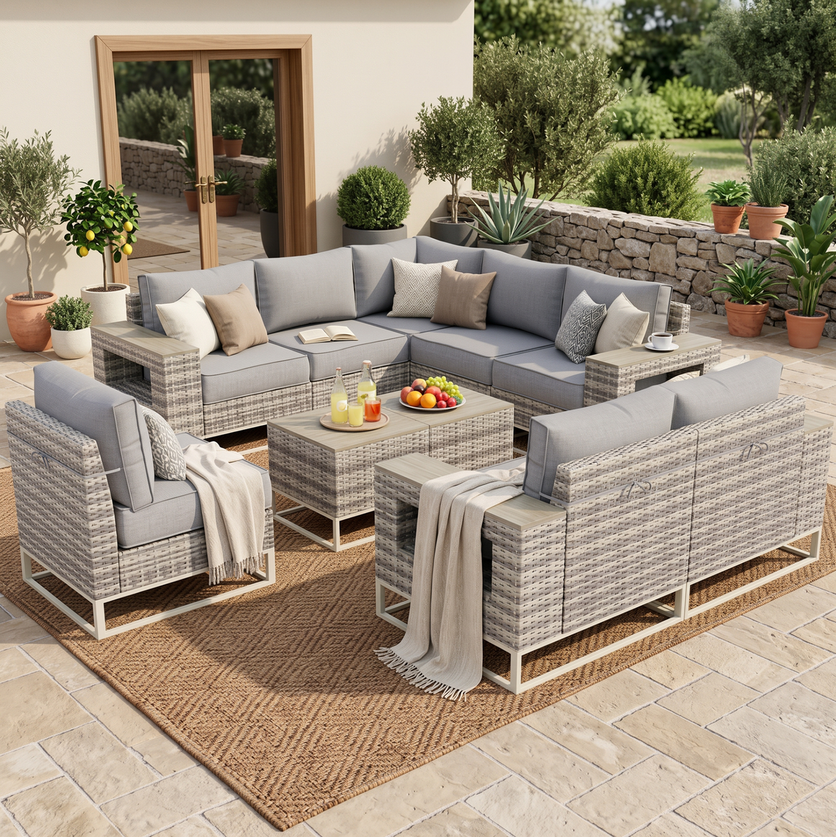 10 Set Wicker Patio Furniture Set Outdoor Sectional with 5.5" Thick Cushion, Patio Conversation Sets with 7.7" Widened Armrest, Modular Low Profile Deep Seating Rattan Sofa with Coffee Table for Yard