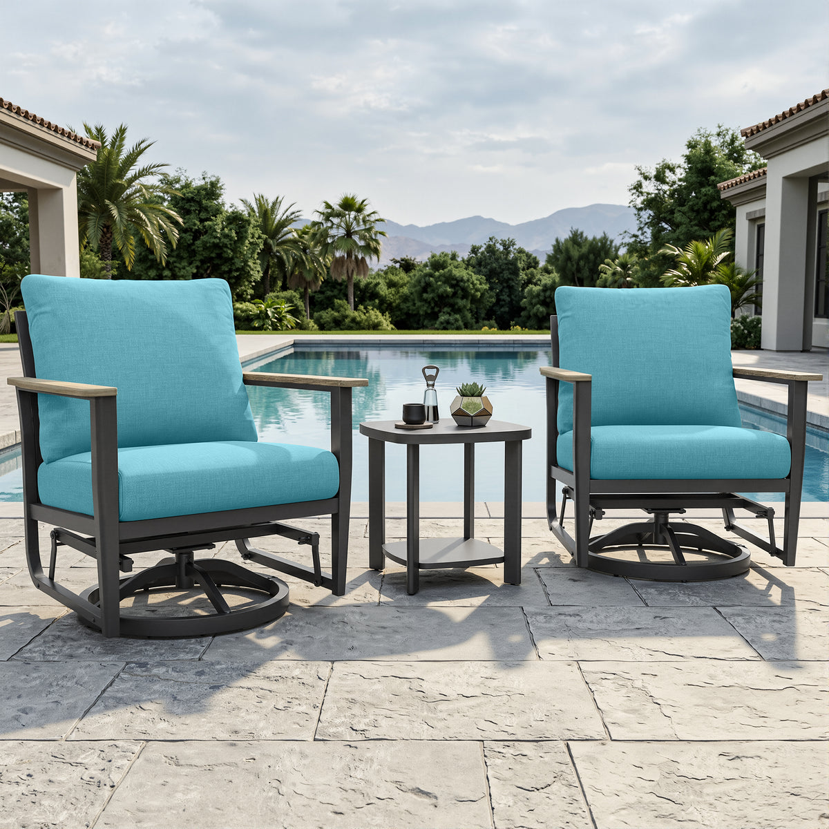 3 Piece Aluminum Patio Furniture Set, Patio Swivel Rocker Chairs Set of 2, Outdoor Bistro Set, Patio Chairs Set of 2 with Rocking Chair, Thickened Cushions and Table for Porch, Balcony, Sky Blue