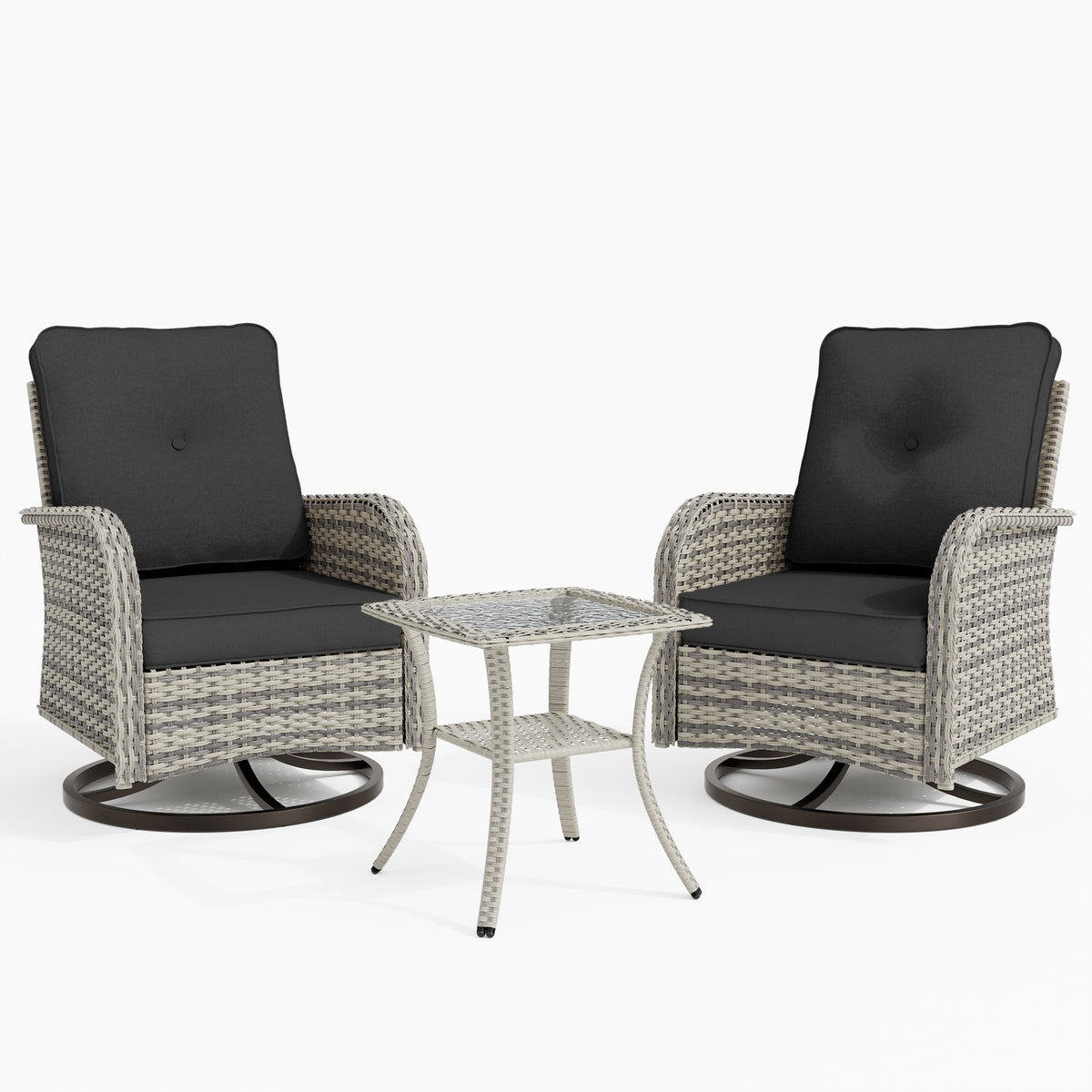 3 Piece Wicker Patio Furniture Set, Patio Swivel Rocker Chairs Set of 2, Outdoor Bistro Set, Patio Chairs Set of 2 with Rocking Chair, Thickened Cushions and Table for Porch, Balcony, Black