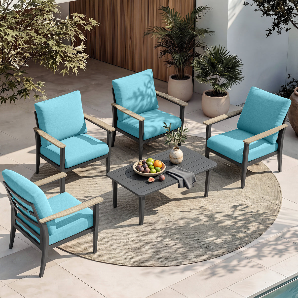 Aluminum 5 Piece Oversized Outdoor Patio Furniture Set with Coffee Table, Patio Sectional, Patio Conversation Sets with HDPE Widened Armrest & Coffee Table for Backyard, Porch, Balcony, Deck, Blue