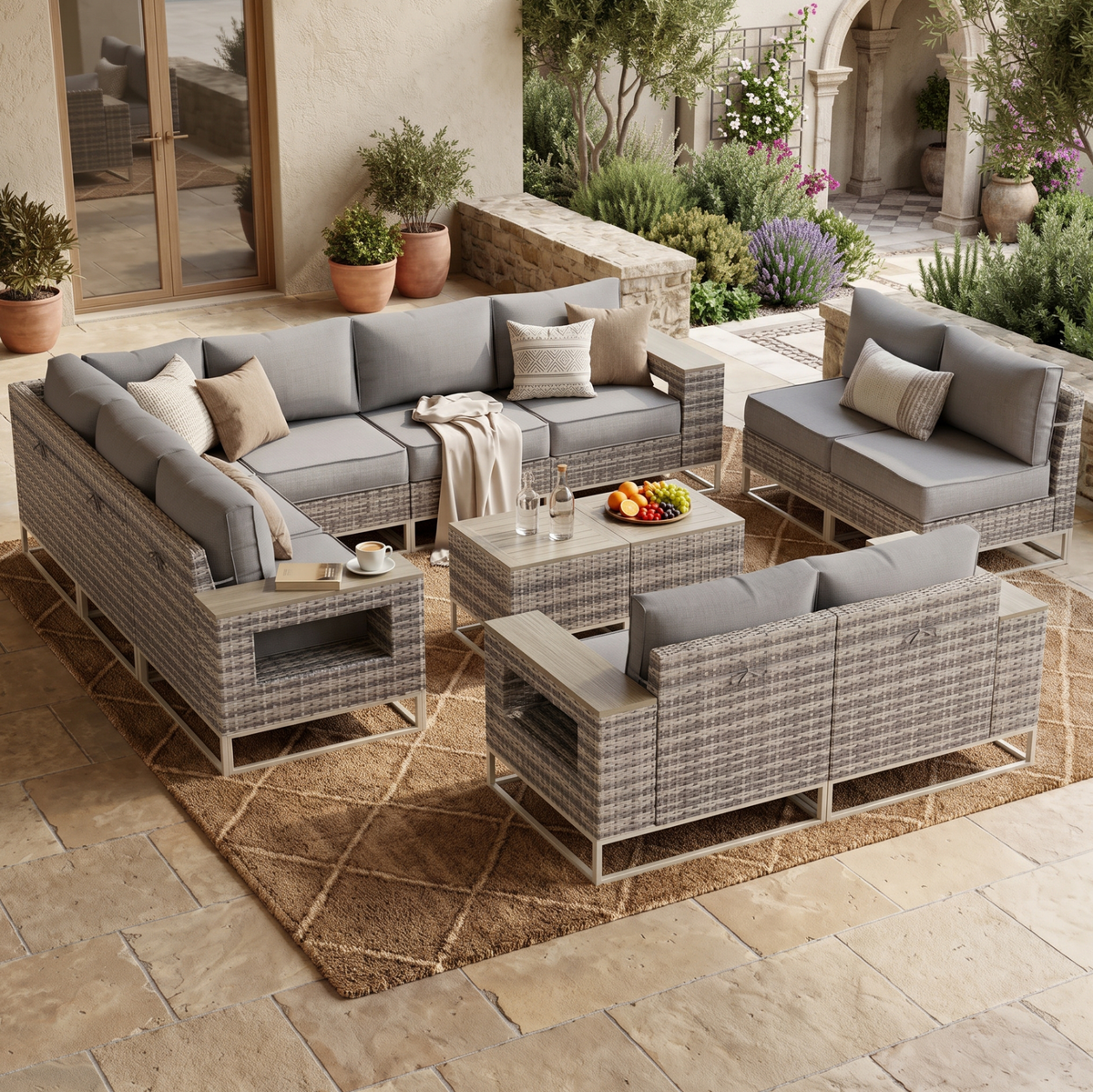 12 Set Wicker Patio Furniture Set Outdoor Sectional with 5.5" Thick Cushion, Patio Conversation Sets with 7.7" Widened Armrest, Modular Low Profile Deep Seating Rattan Sofa with Coffee Table for Yard