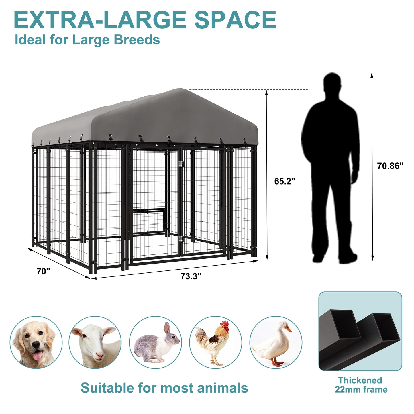 Sweecci 6x6FT Heavy Duty Outdoor Dog Kennel, Double Door Metal Dog Cage with 360° Feeding Door, Waterproof Roof, Secure Playpen for Large Dogs & Small Pets, Easy Assembly