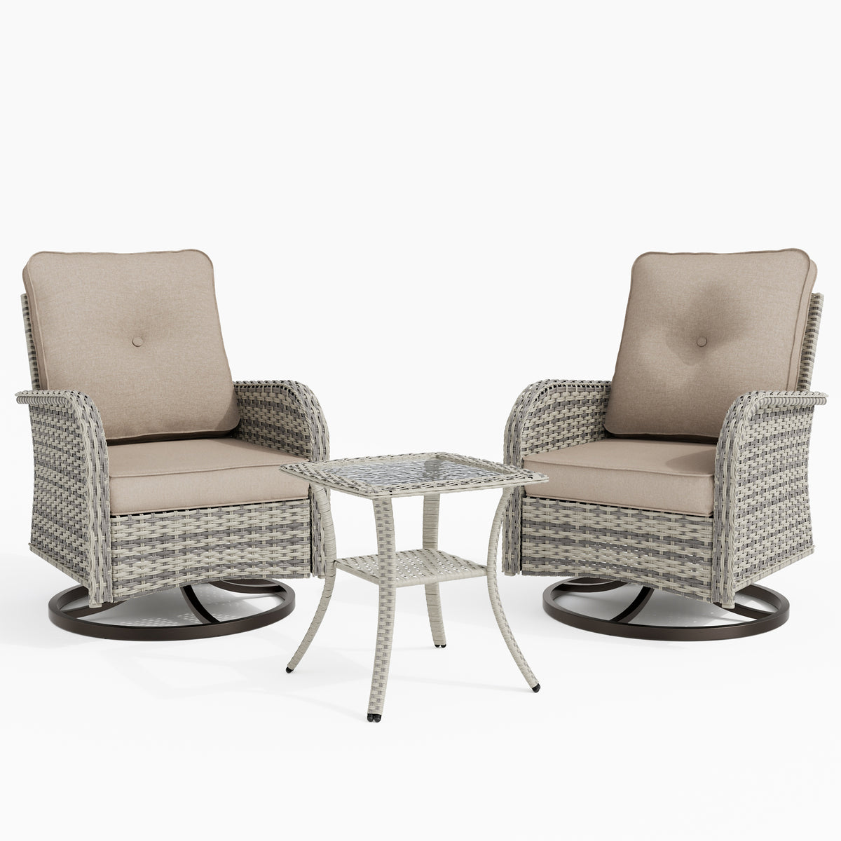 3 Piece Wicker Patio Furniture Set, Patio Swivel Rocker Chairs Set of 2, Outdoor Bistro Set, Patio Chairs Set of 2 with Rocking Chair, Thickened Cushions and Table for Porch, Balcony, Beige