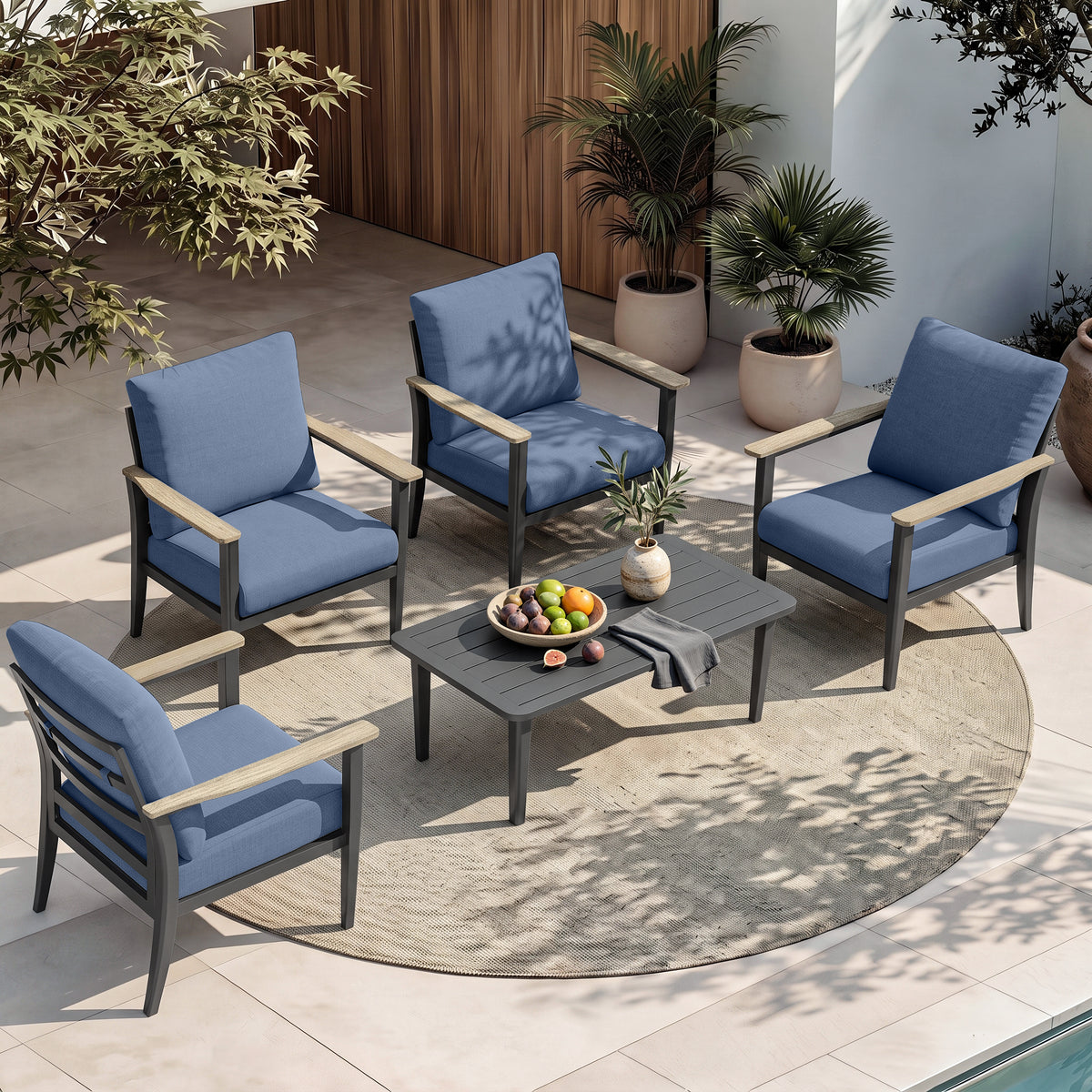 Aluminum 5 Piece Oversized Outdoor Patio Furniture Set with Coffee Table, Patio Sectional, Patio Conversation Sets with HDPE Widened Armrest & Coffee Table for Backyard, Porch, Balcony, Deck, Navy