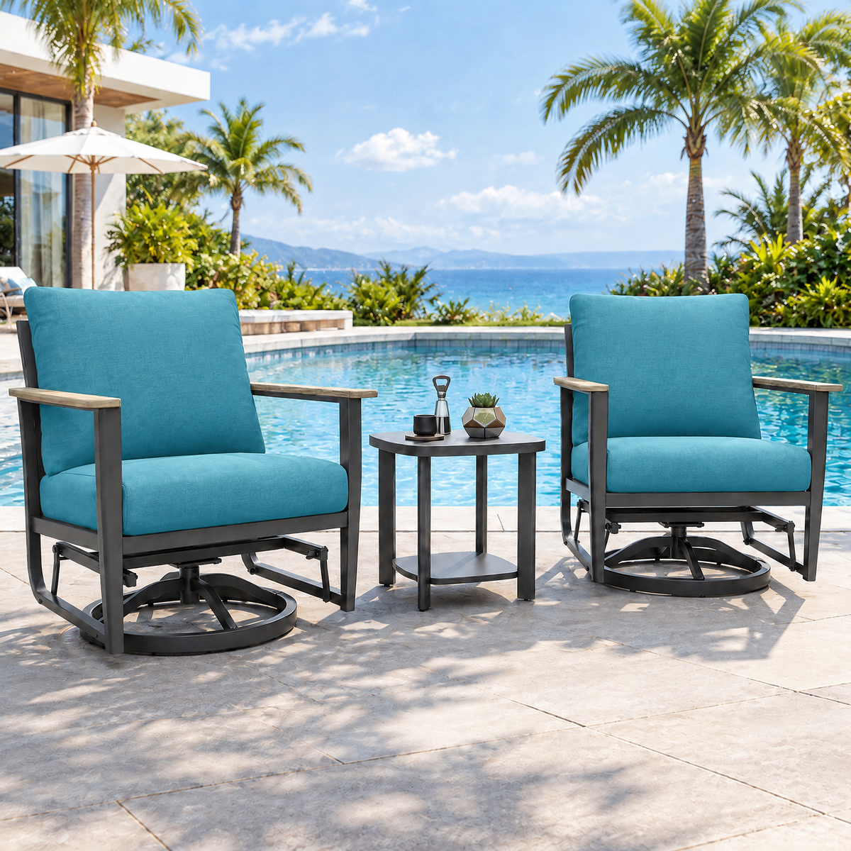 3 Pcs Aluminum Patio Furniture Set, Patio Swivel Rocker Chairs Set of 2, Outdoor Bistro Set, Patio Chairs Set of 2 with Rocking Chair, Thickened Cushions and Table for Porch, Sky Blue