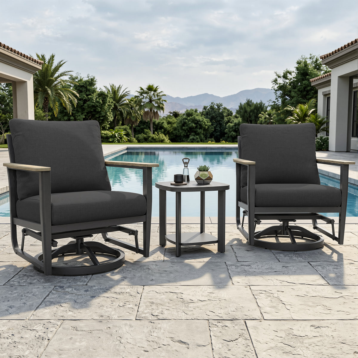 3 Piece Aluminum Patio Furniture Set, Patio Swivel Rocker Chairs Set of 2, Outdoor Bistro Set, Patio Chairs Set of 2 with Rocking Chair, Thickened Cushions and Table for Porch, Balcony, Black