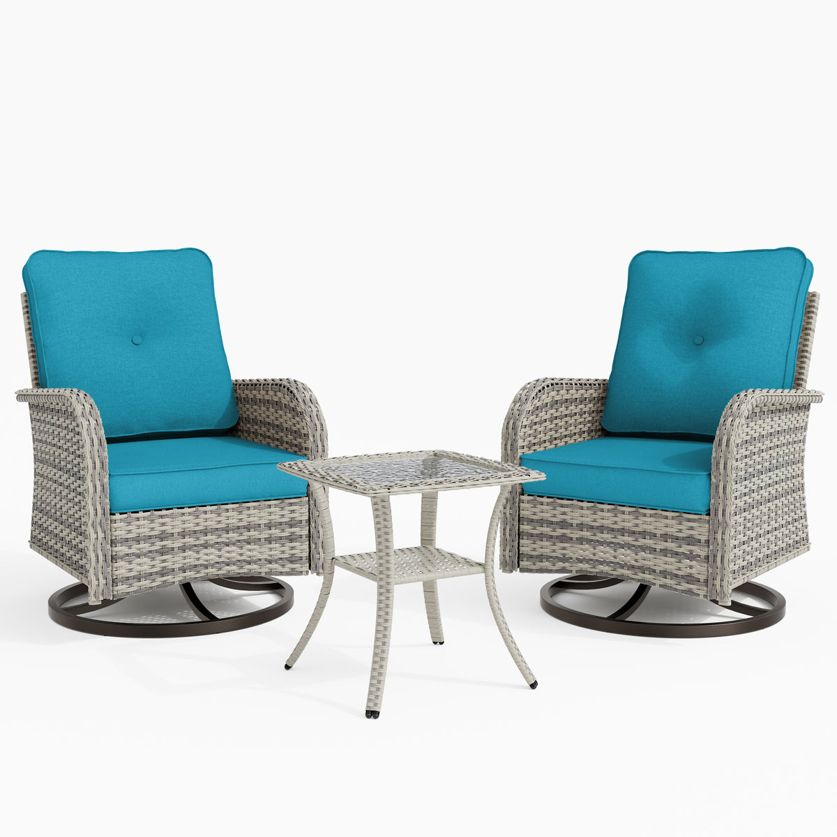3 Piece Wicker Patio Furniture Set, Patio Swivel Rocker Chairs Set of 2, Outdoor Bistro Set, Patio Chairs Set of 2 with Rocking Chair, Thickened Cushions and Table for Porch, Balcony, Sky Blue