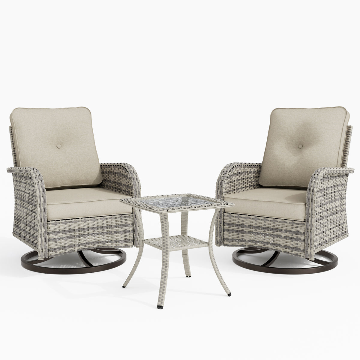 3 Piece Wicker Patio Furniture Set, Patio Swivel Rocker Chairs Set of 2, Outdoor Bistro Set, Patio Chairs Set of 2 with Rocking Chair, Thickened Cushions and Table for Porch, Balcony, White