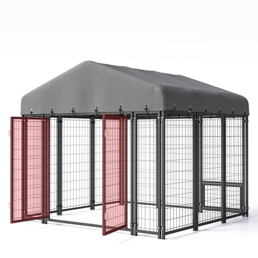 Sweecci 6x6FT Heavy Duty Outdoor Dog Kennel, Double Door Metal Dog Cage with 360° Feeding Door, Waterproof Roof, Secure Playpen for Large Dogs & Small Pets, Easy Assembly