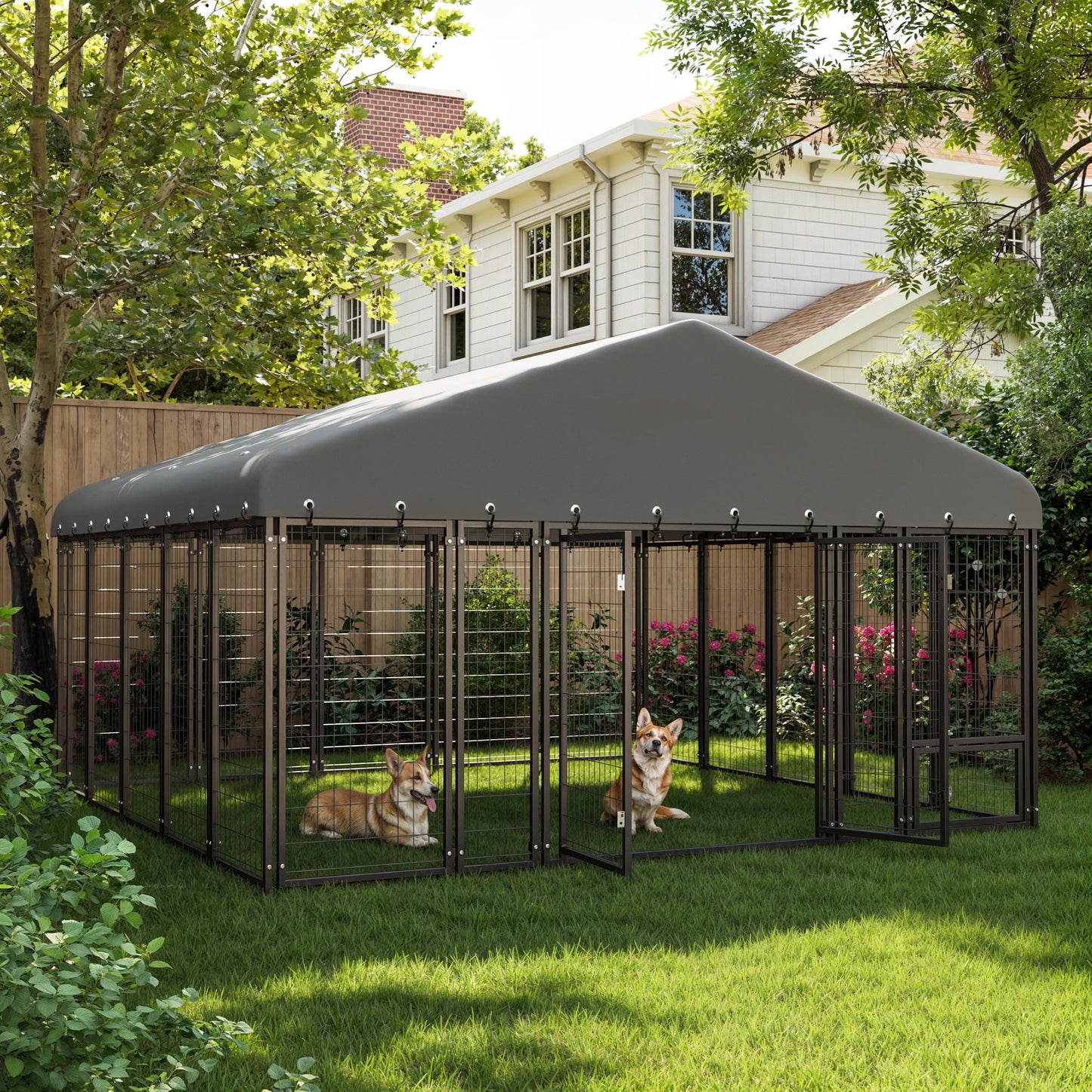 Sweecci 10x10FT Heavy Duty Outdoor Dog Kennel, Double Door Metal Dog Cage with 360° Feeding Door, Waterproof Roof, Secure Playpen for Large Dogs & Small Pets, Easy Assembly