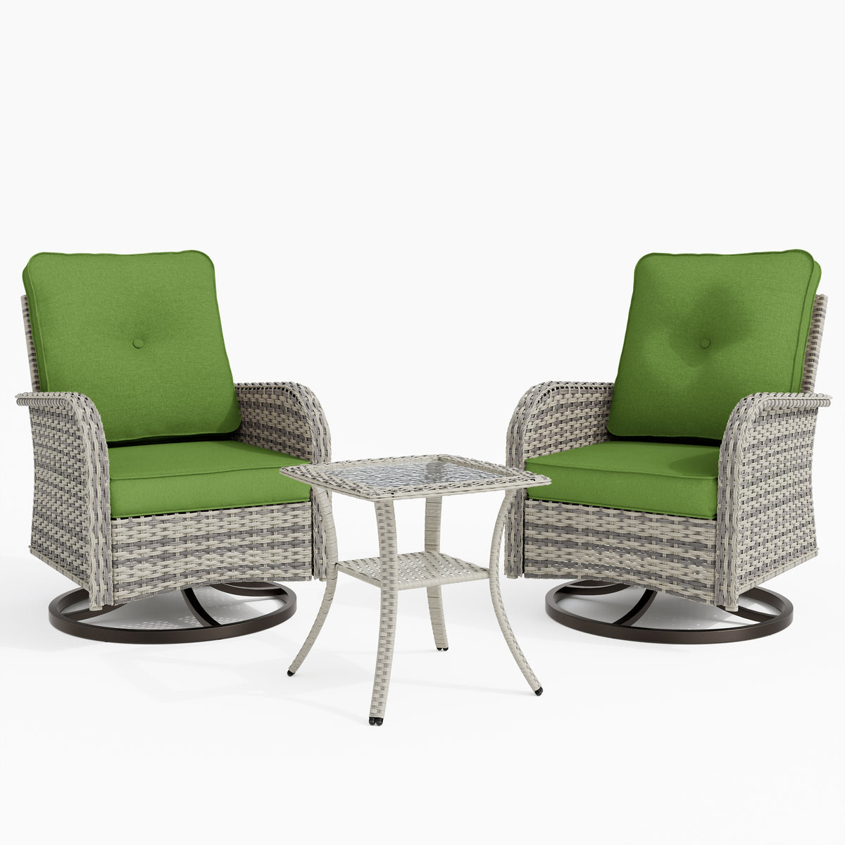3 Piece Wicker Patio Furniture Set, Patio Swivel Rocker Chairs Set of 2, Outdoor Bistro Set, Patio Chairs Set of 2 with Rocking Chair, Thickened Cushions and Table for Porch, Balcony, Light Green