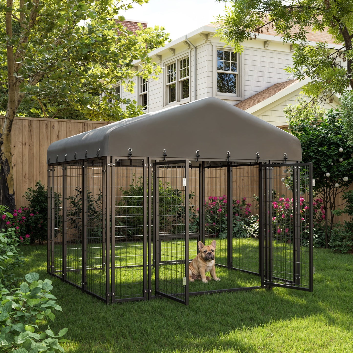Sweecci 6x6FT Heavy Duty Outdoor Dog Kennel, Double Door Metal Dog Cage with 360° Feeding Door, Waterproof Roof, Secure Playpen for Large Dogs & Small Pets, Easy Assembly