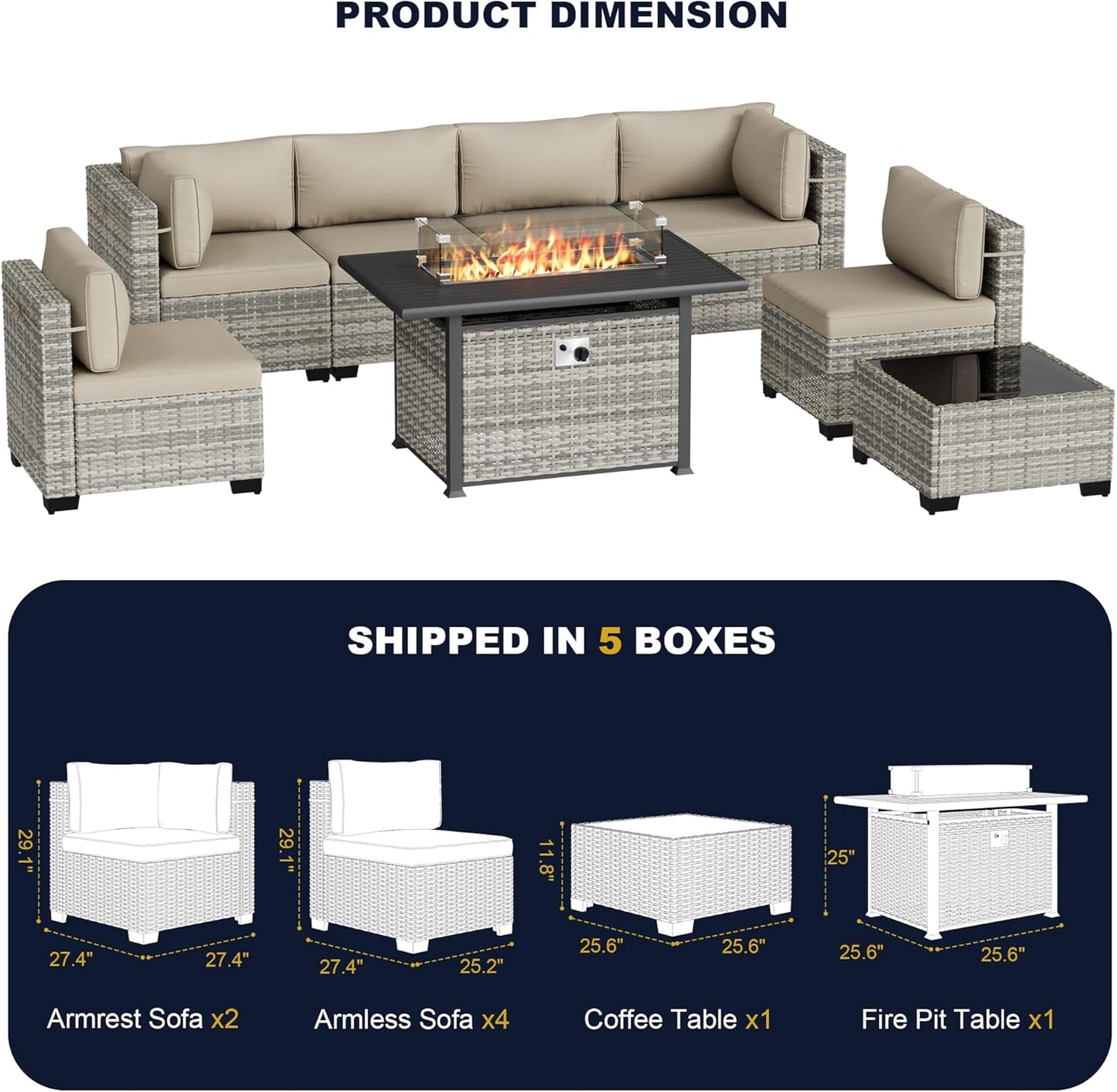 Muphyers 8-Piece Outdoor Patio Furniture Set with 55,000 BTU Fire Pit Table, PE Wicker Rattan Sectional Sofa Conversation Set - All-Weather Garden, Backyard Furniture,Beige