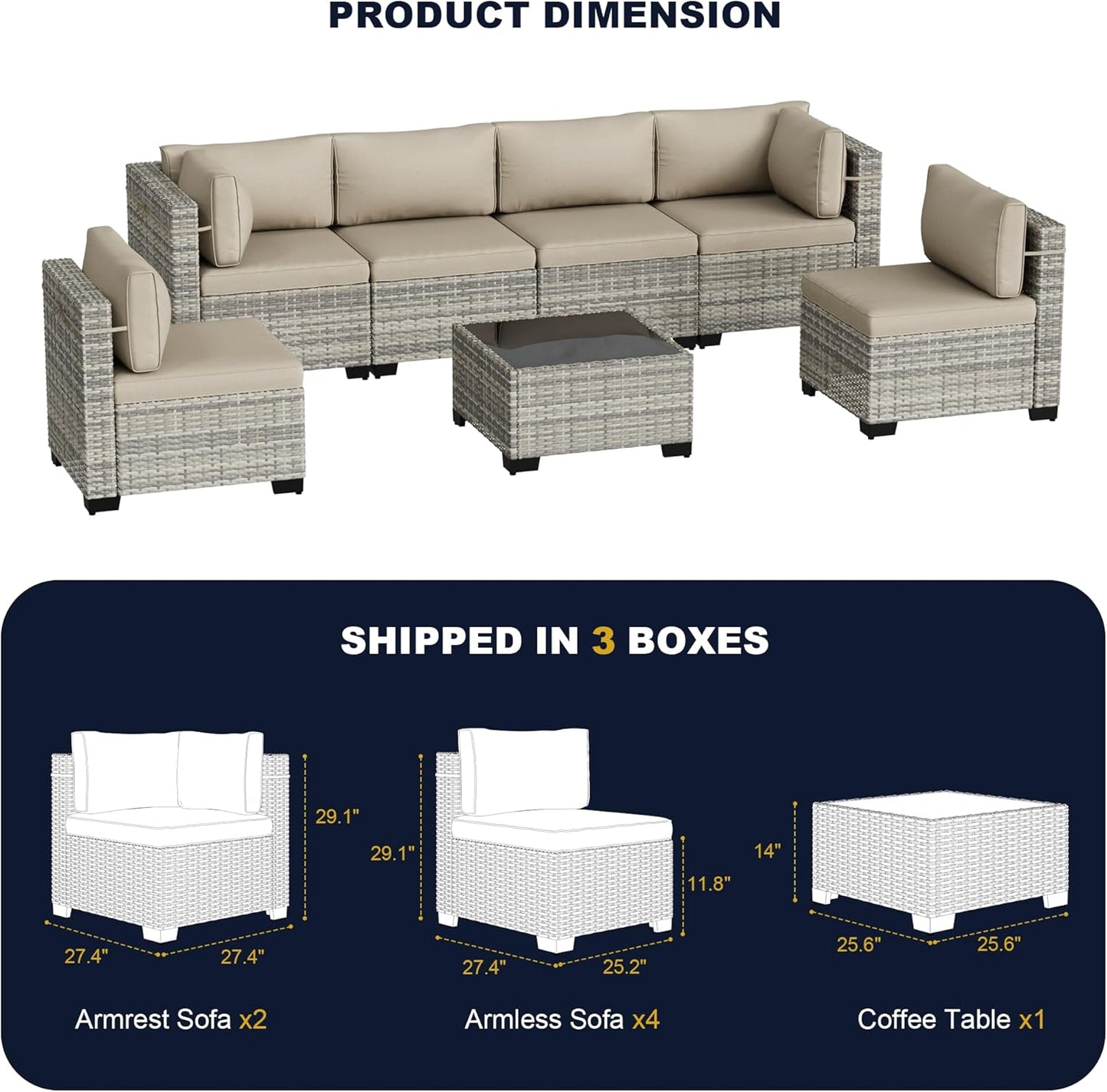 Muphyers 7-Piece Outdoor Patio Furniture Set, PE Wicker Rattan Sectional Sofa Conversation Set with Tempered Glass Table & Thick Cushions - All-Weather Garden, Backyard Furniture,Beige
