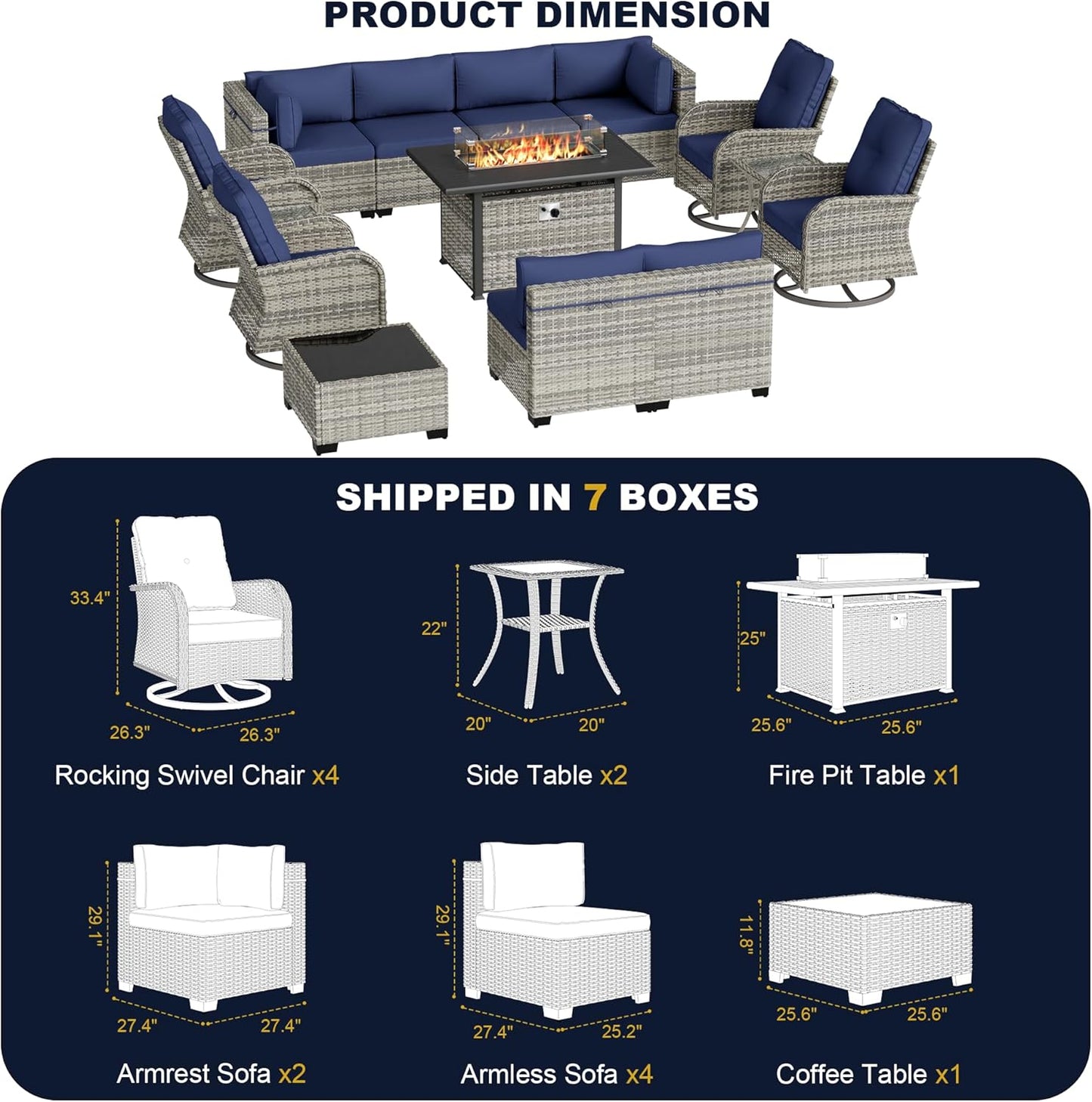 Muphyers 14-Piece Outdoor Patio Furniture Set with Rocking Swivel Chair, Wicker Rattan Sectional Sofa Conversation Set with 55,000 BTU Fire Pit Table, Backyard Furniture,Navy Blue