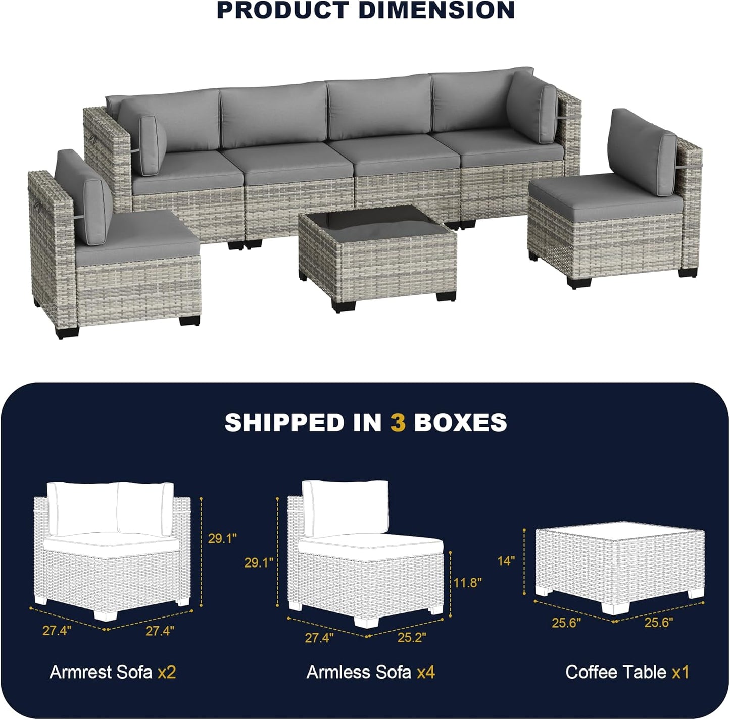 Muphyers 7-Piece Outdoor Patio Furniture Set, PE Wicker Rattan Sectional Sofa Conversation Set with Tempered Glass Table & Thick Cushions - All-Weather Garden, Backyard Furniture,Grey