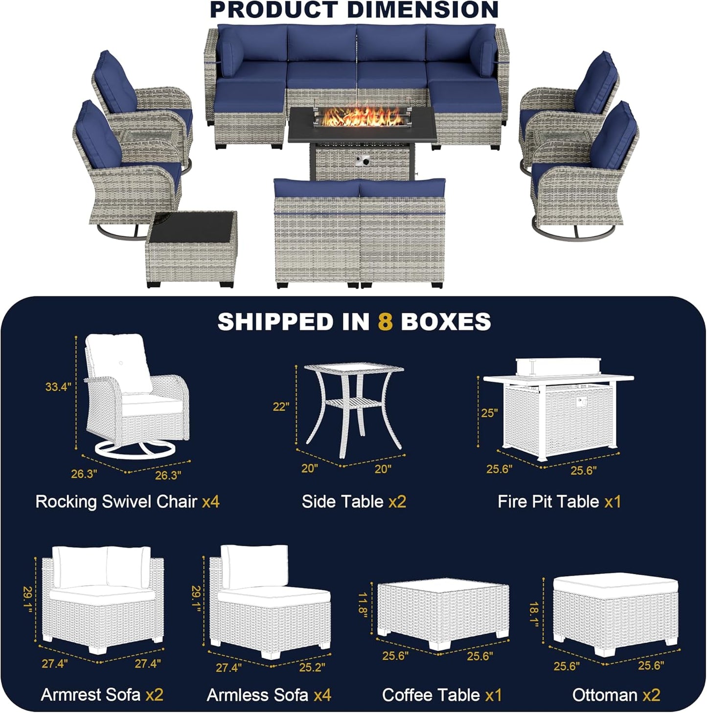 Muphyers 16-Piece Outdoor Patio Furniture Set with Rocking Swivel Chair, Wicker Rattan Sectional Sofa Conversation Set with 55,000 BTU Fire Pit Table with Ottomans, Backyard Furniture,Navy Blue