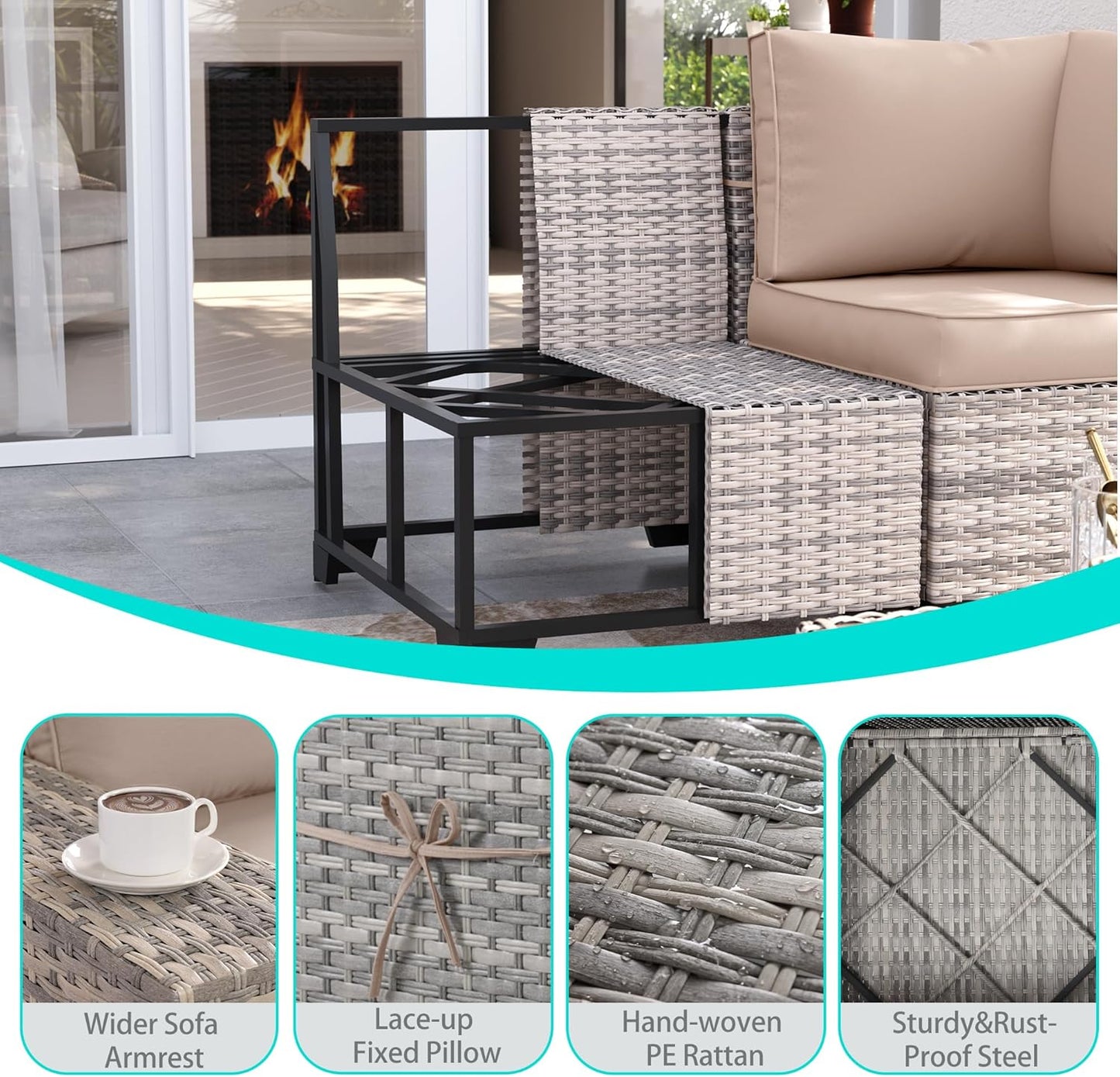 Muphyers 6-Piece Outdoor Patio Furniture Set, PE Wicker Rattan Sectional Sofa Conversation Set with Tempered Glass Table & Thick Cushions - All-Weather Garden, Backyard Furniture,Beige