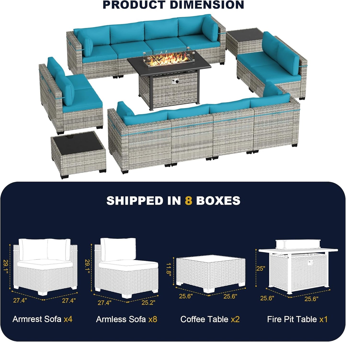 Muphyers 15-Piece Outdoor Patio Furniture Set with 55,000 BTU Fire Pit Table, PE Wicker Rattan Sectional Sofa Conversation Set - All-Weather Garden, Backyard Furniture,Turquoise