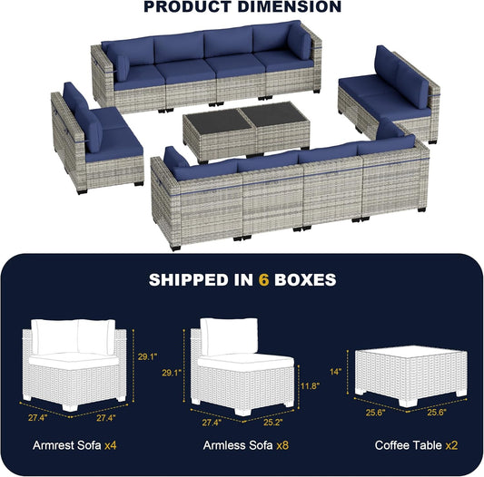 Muphyers 14-Piece Outdoor Patio Furniture Set, PE Wicker Rattan Sectional Sofa Conversation Set with Tempered Glass Table & Thick Cushions - All-Weather Garden, Backyard Furniture,Navy Blue