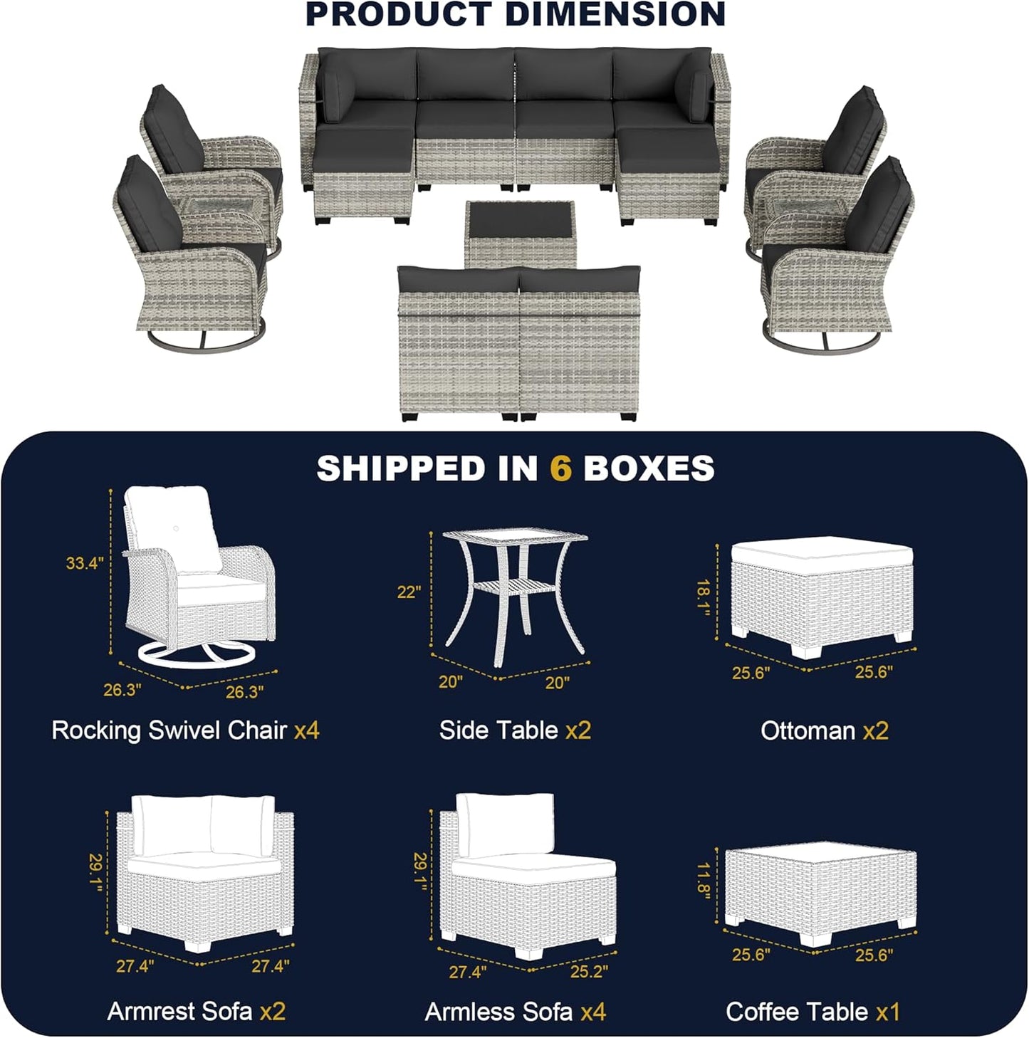 Muphyers 15-Piece Outdoor Patio Furniture Set with Rocking Swivel Chair, Wicker Rattan Sectional Sofa Conversation Set with Tempered Glass Table with Ottomans, Backyard Furniture,Dark Grey