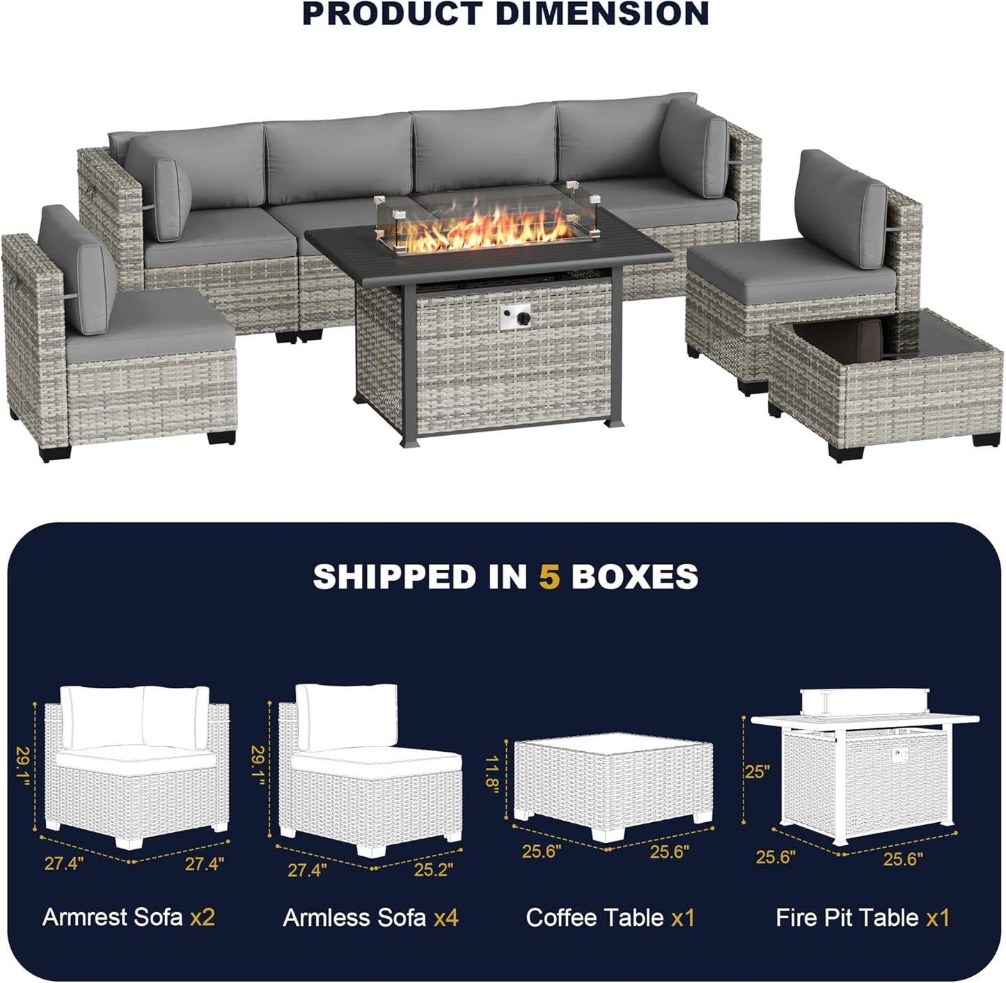 Muphyers 8-Piece Outdoor Patio Furniture Set with 55,000 BTU Fire Pit Table, PE Wicker Rattan Sectional Sofa Conversation Set - All-Weather Garden, Backyard Furniture,Grey