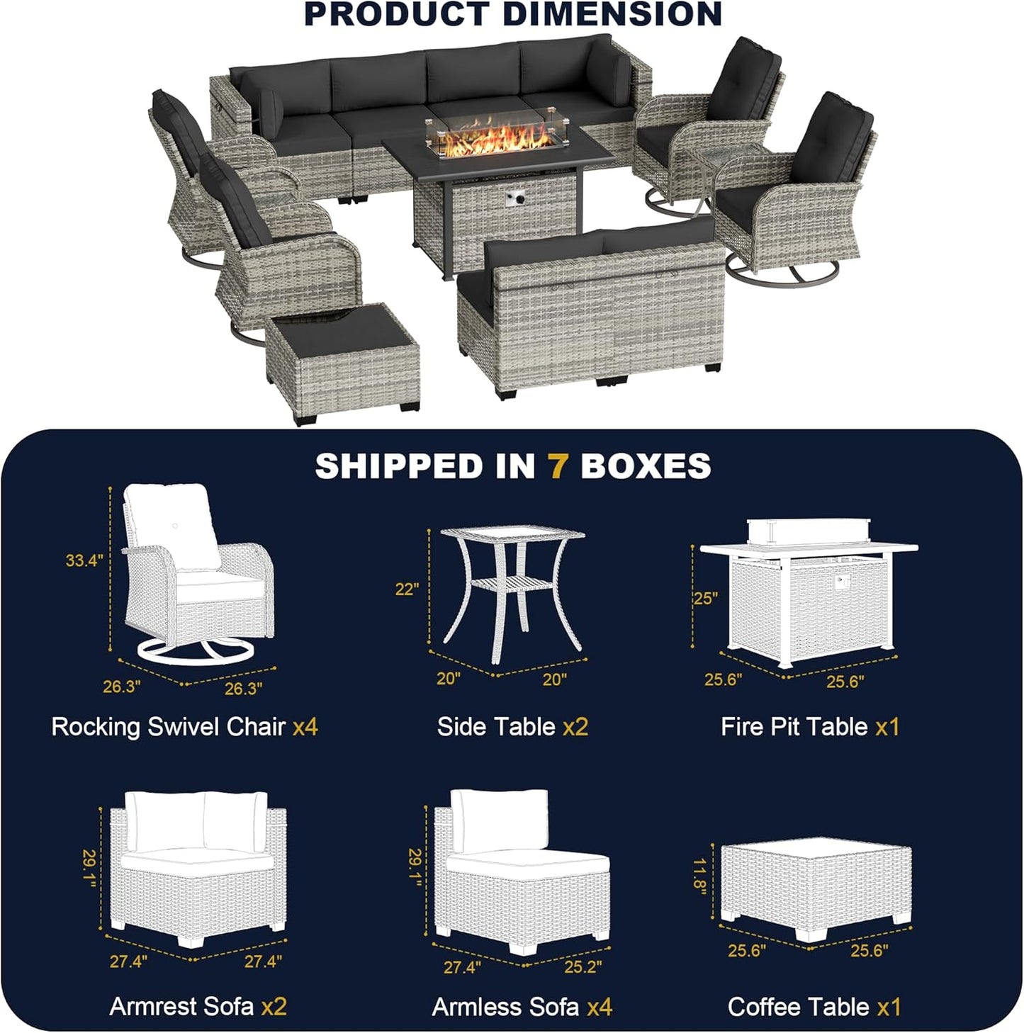 Muphyers 14-Piece Outdoor Patio Furniture Set with Rocking Swivel Chair, Wicker Rattan Sectional Sofa Conversation Set with 55,000 BTU Fire Pit Table, Backyard Furniture,Dark Grey