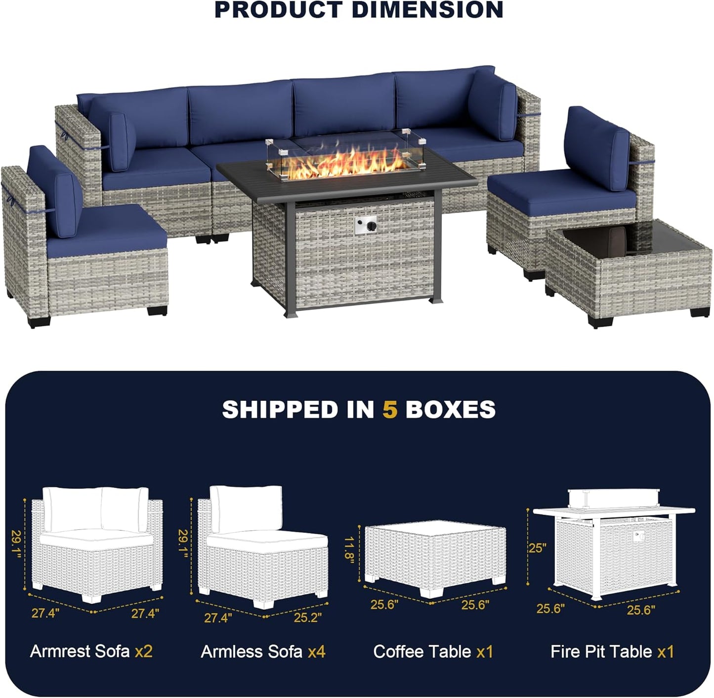 Muphyers 8-Piece Outdoor Patio Furniture Set with 55,000 BTU Fire Pit Table, PE Wicker Rattan Sectional Sofa Conversation Set - All-Weather Garden, Backyard Furniture,Navy Blue