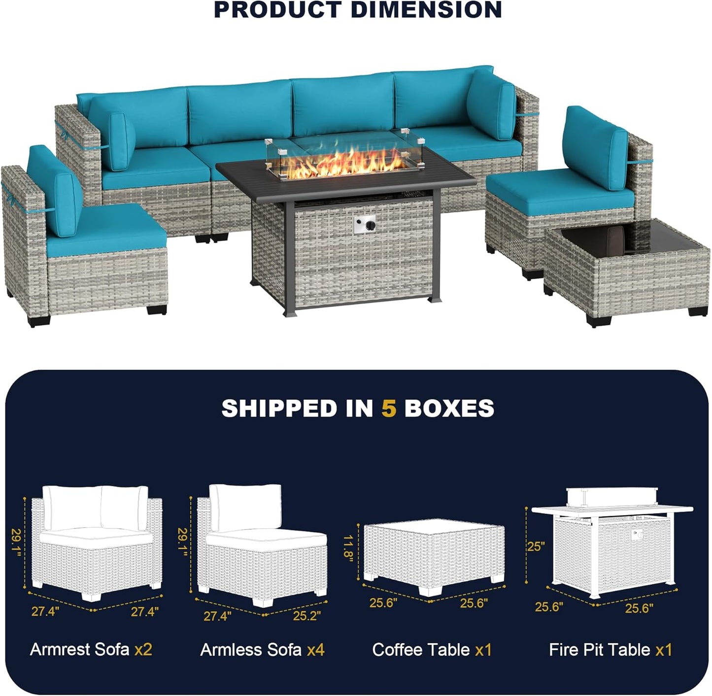 Muphyers 8-Piece Outdoor Patio Furniture Set with 55,000 BTU Fire Pit Table, PE Wicker Rattan Sectional Sofa Conversation Set - All-Weather Garden, Backyard Furniture,Turquoise